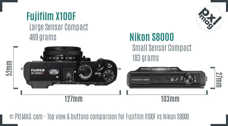 Fujifilm X100F vs Nikon S8000 top view buttons comparison