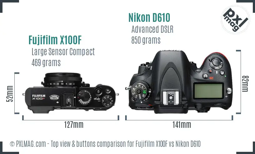 Fujifilm X100F vs Nikon D610 top view buttons comparison Fujifilm X100F vs Nikon D610 top view buttons comparison