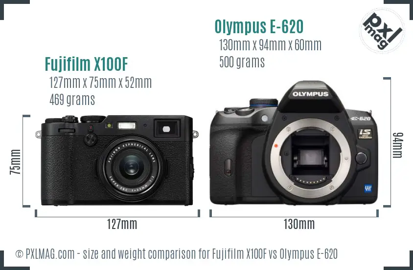 Fujifilm X100F vs Olympus E-620 size comparison