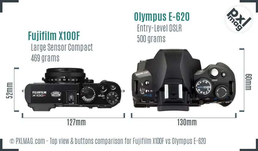 Fujifilm X100F vs Olympus E-620 top view buttons comparison