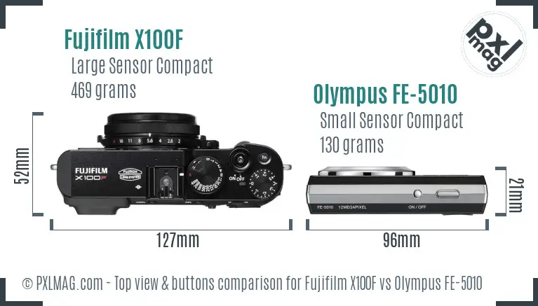 Fujifilm X100F vs Olympus FE-5010 top view buttons comparison