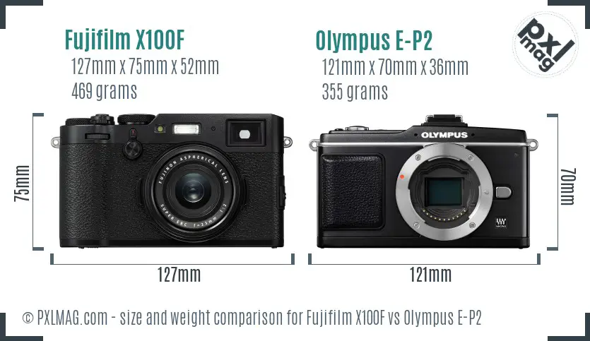 Fujifilm X100F vs Olympus E-P2 size comparison