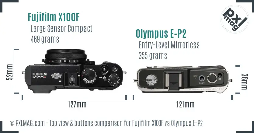 Fujifilm X100F vs Olympus E-P2 top view buttons comparison