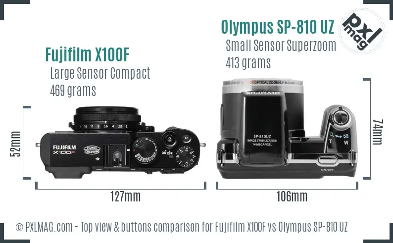 Fujifilm X100F vs Olympus SP-810 UZ top view buttons comparison