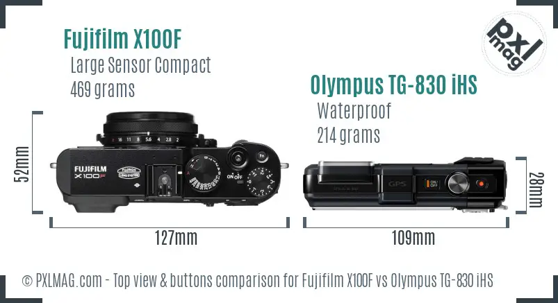 Fujifilm X100F vs Olympus TG-830 iHS top view buttons comparison