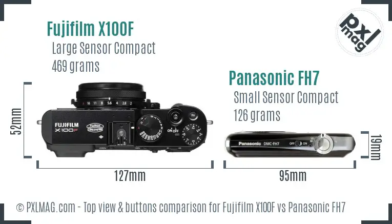 Fujifilm X100F vs Panasonic FH7 top view buttons comparison