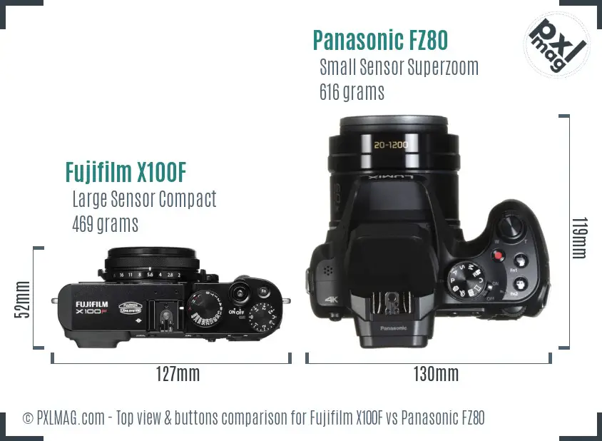 Fujifilm X100F vs Panasonic FZ80 top view buttons comparison