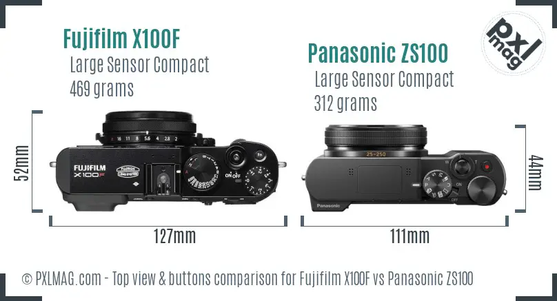 Fujifilm X100F vs Panasonic ZS100 top view buttons comparison