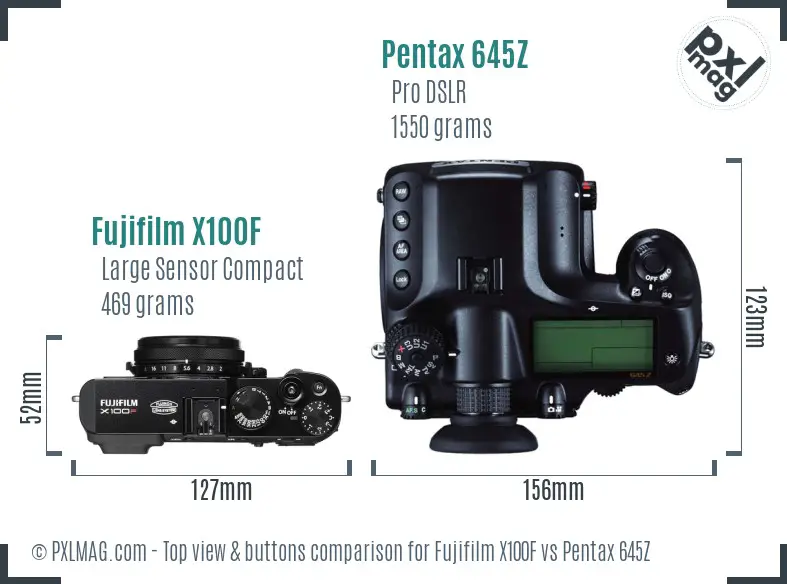 Fujifilm X100F vs Pentax 645Z top view buttons comparison