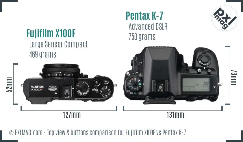 Fujifilm X100F vs Pentax K-7 top view buttons comparison