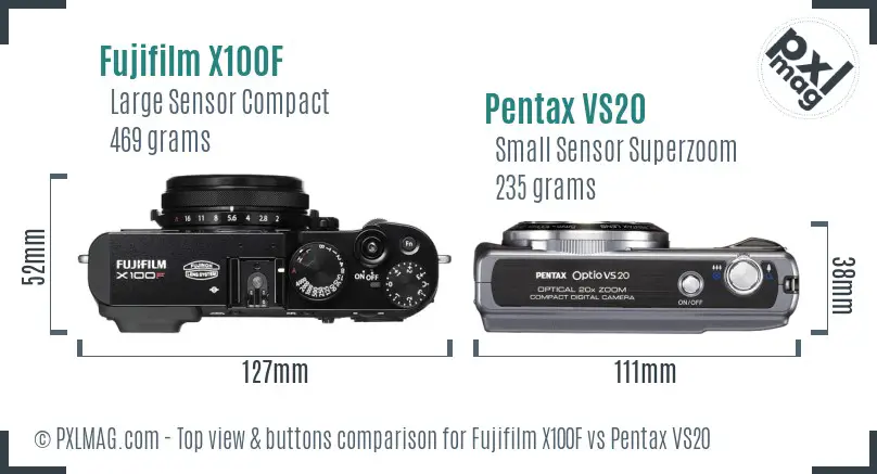 Fujifilm X100F vs Pentax VS20 top view buttons comparison