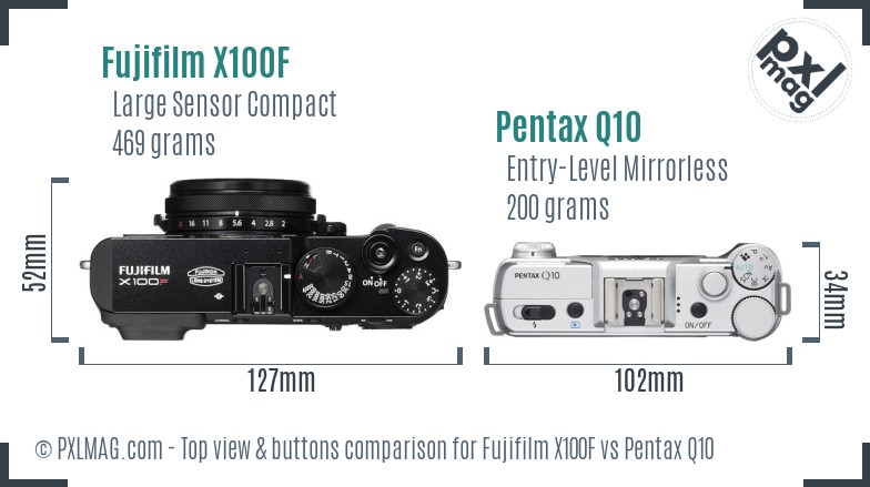 Fujifilm X100F vs Pentax Q10 top view buttons comparison
