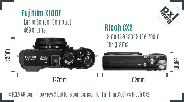 Fujifilm X100F vs Ricoh CX2 top view buttons comparison