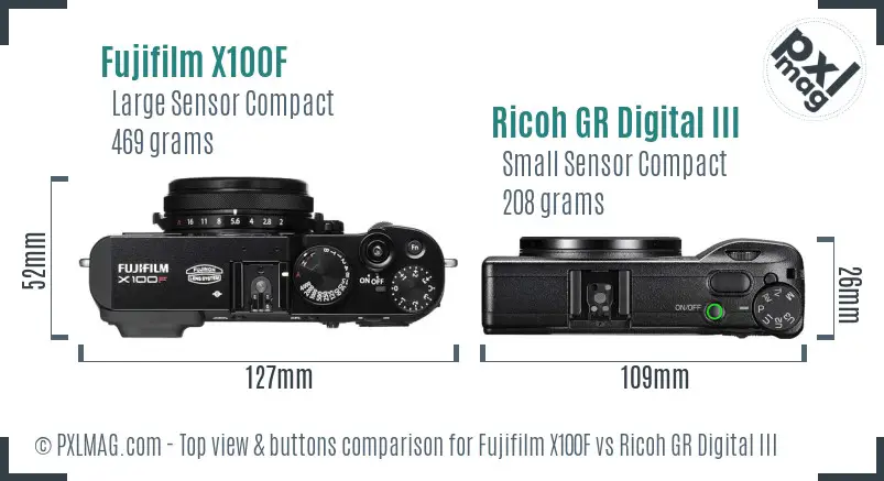 Fujifilm X100F vs Ricoh GR Digital III top view buttons comparison Fujifilm X100F vs Ricoh GR Digital III top view buttons comparison