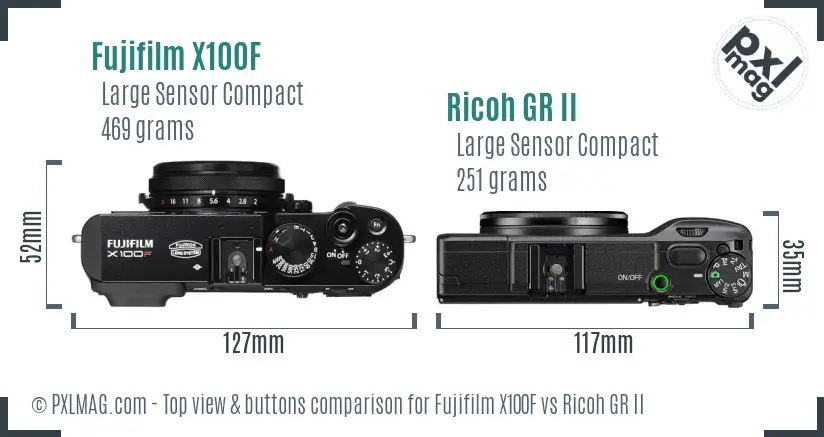 Fujifilm X100F vs Ricoh GR II top view buttons comparison
