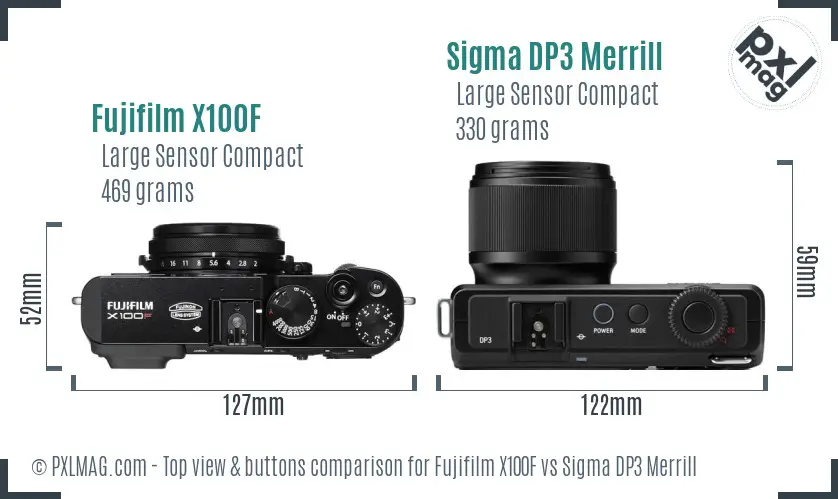 Fujifilm X100F vs Sigma DP3 Merrill top view buttons comparison