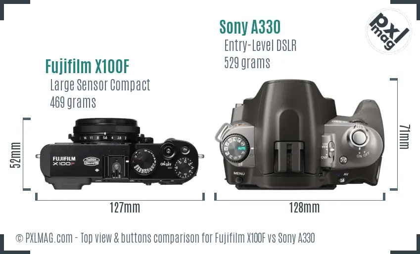 Fujifilm X100F vs Sony A330 top view buttons comparison