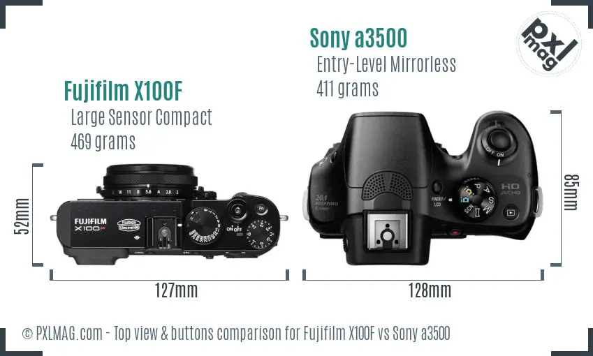 Fujifilm X100F vs Sony a3500 top view buttons comparison