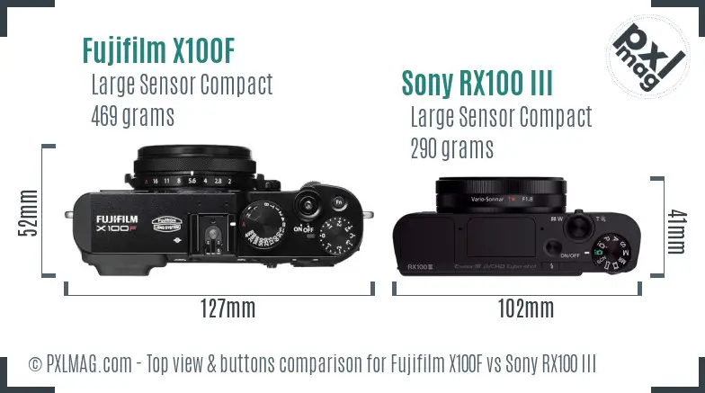 Fujifilm X100F vs Sony RX100 III top view buttons comparison