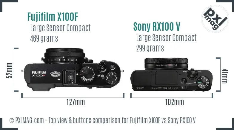 Fujifilm X100F vs Sony RX100 V top view buttons comparison