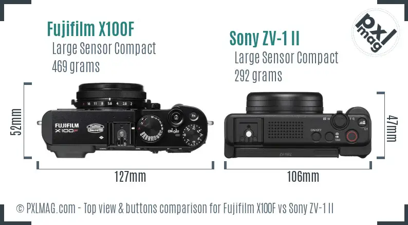 Fujifilm X100F vs Sony ZV-1 II top view buttons comparison