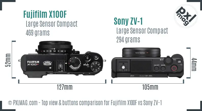 Fujifilm X100F vs Sony ZV-1 top view buttons comparison