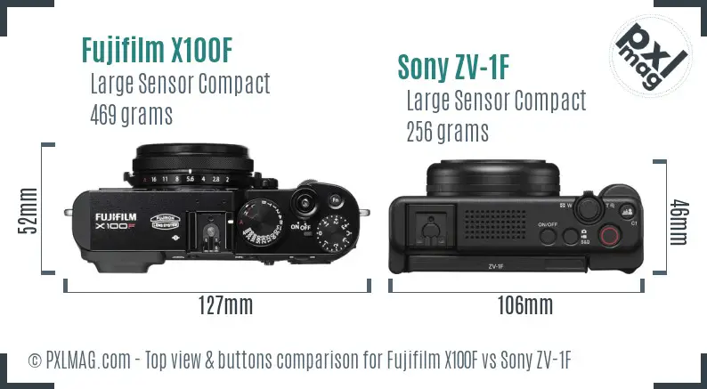 Fujifilm X100F vs Sony ZV-1F top view buttons comparison