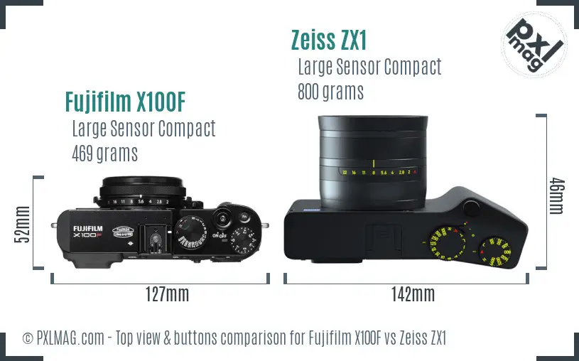 Fujifilm X100F vs Zeiss ZX1 top view buttons comparison
