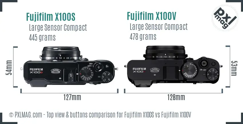 Fujifilm X100S vs Fujifilm X100V top view buttons comparison