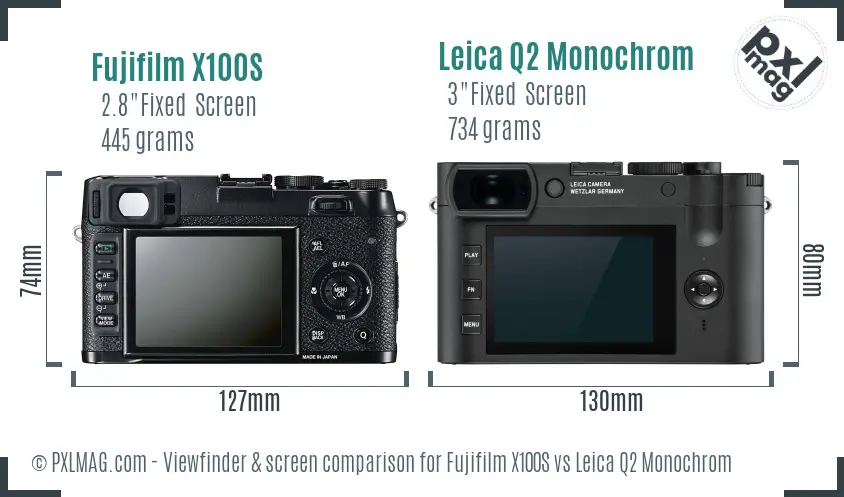 Fujifilm X100S vs Leica Q2 Monochrom Screen and Viewfinder comparison