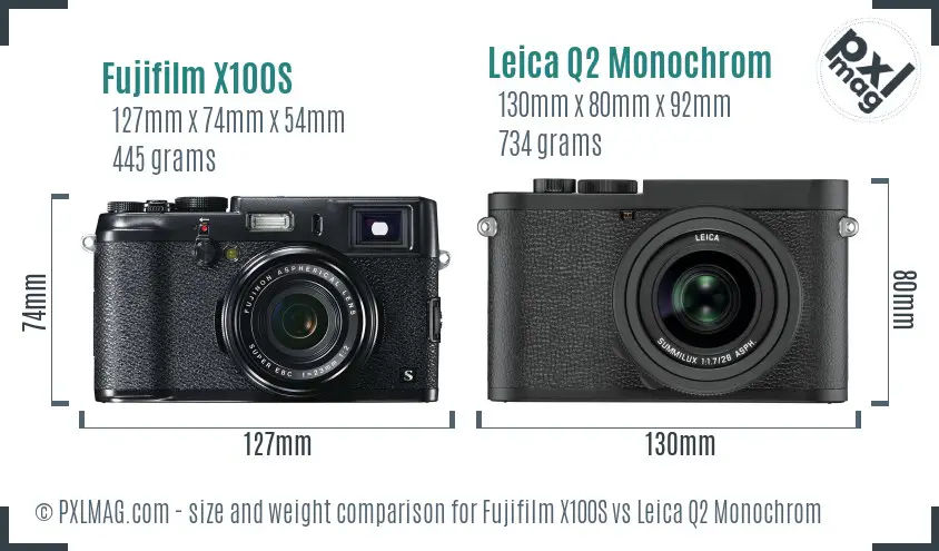 Fujifilm X100S vs Leica Q2 Monochrom size comparison