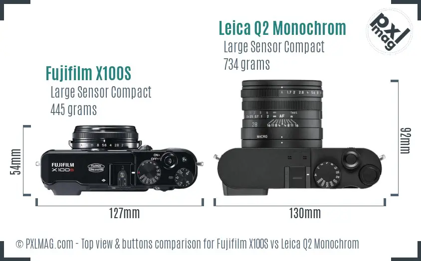 Fujifilm X100S vs Leica Q2 Monochrom top view buttons comparison