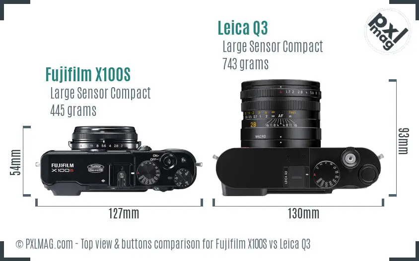 Fujifilm X100S vs Leica Q3 top view buttons comparison