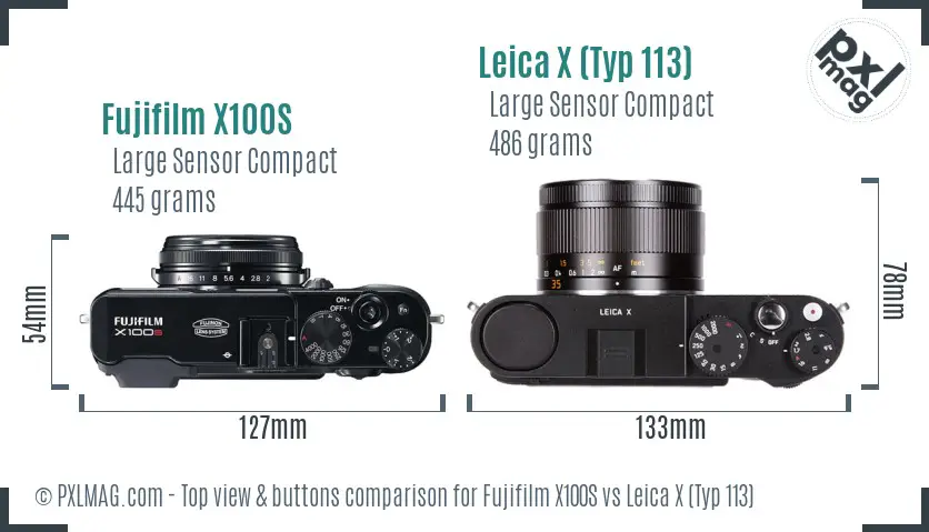 Fujifilm X100S vs Leica X (Typ 113) top view buttons comparison