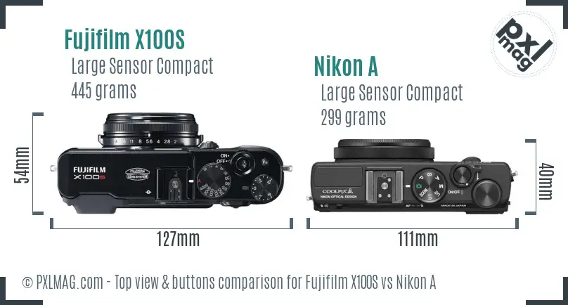 Fujifilm X100S vs Nikon A top view buttons comparison