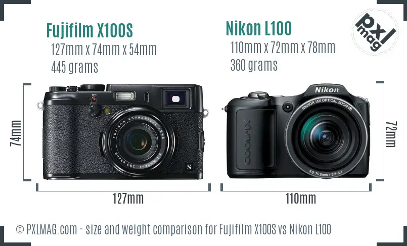 Fujifilm X100S vs Nikon L100 size comparison