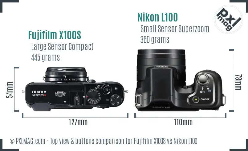Fujifilm X100S vs Nikon L100 top view buttons comparison