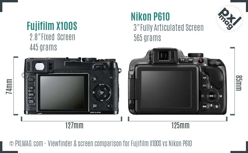 Fujifilm X100S vs Nikon P610 Screen and Viewfinder comparison