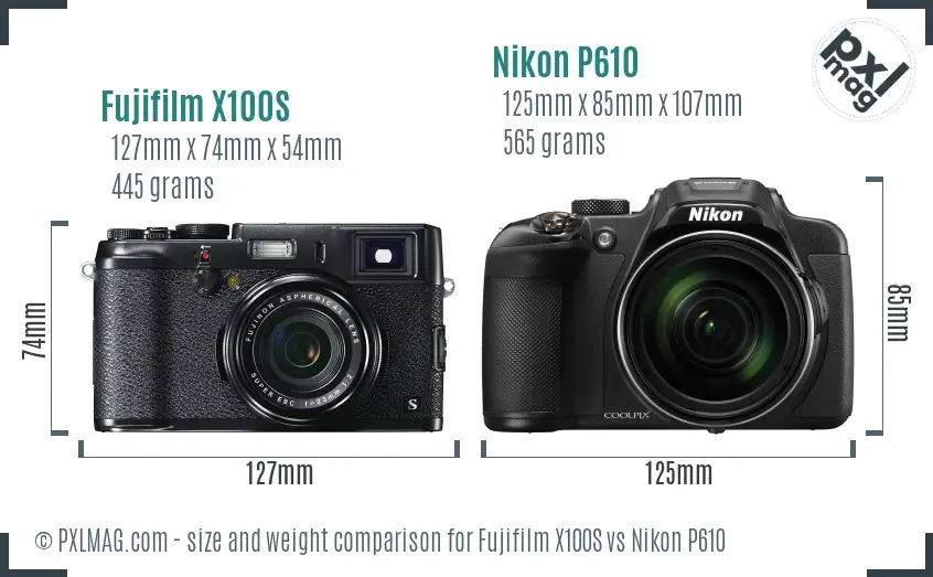 Fujifilm X100S vs Nikon P610 size comparison