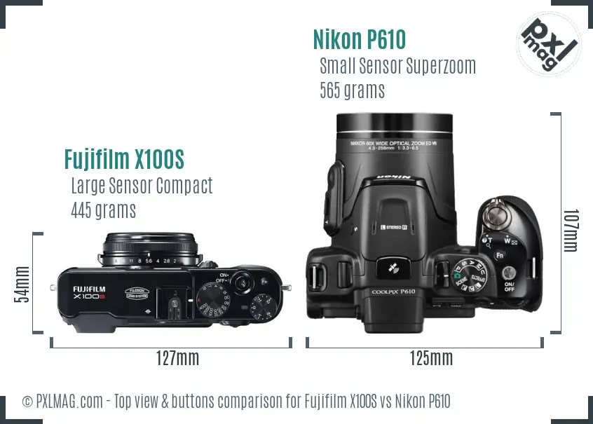 Fujifilm X100S vs Nikon P610 top view buttons comparison