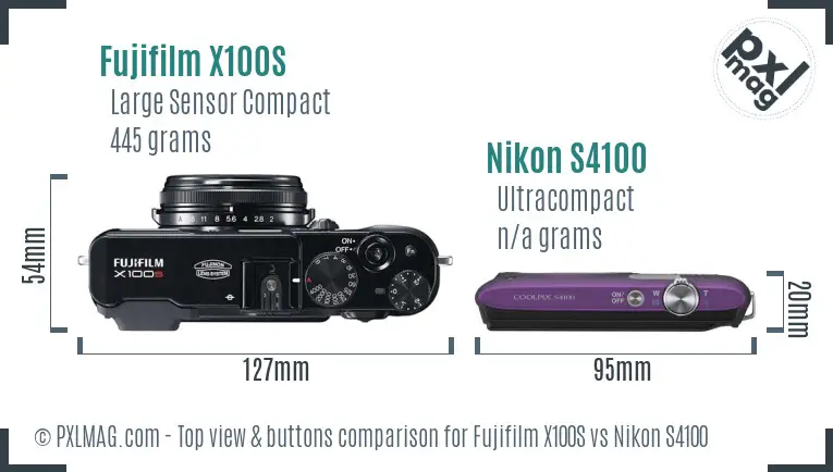 Fujifilm X100S vs Nikon S4100 top view buttons comparison