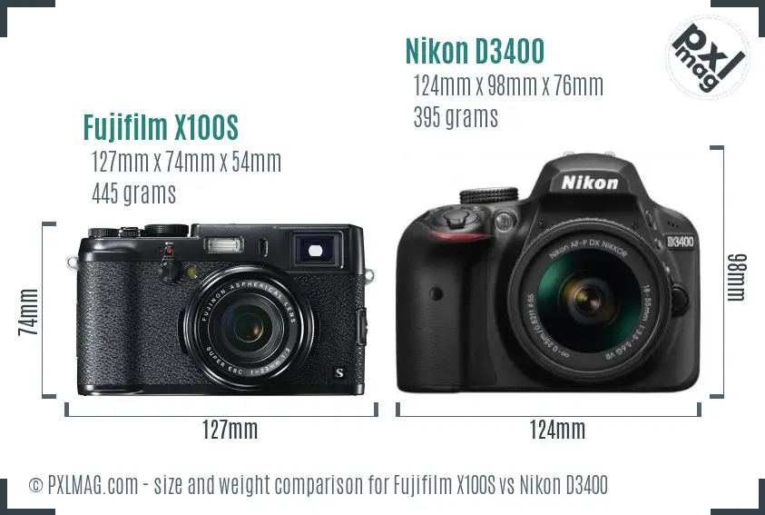 Fujifilm X100S vs Nikon D3400 size comparison