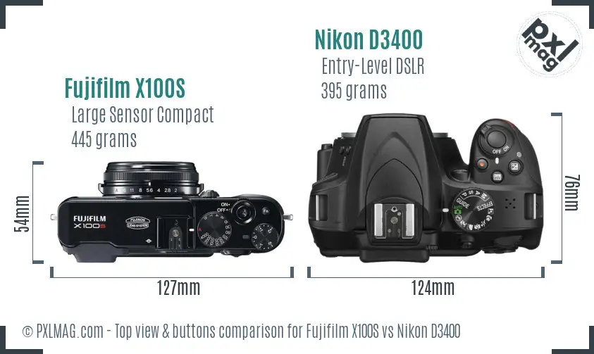 Fujifilm X100S vs Nikon D3400 top view buttons comparison