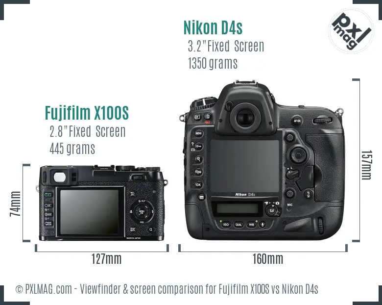 Fujifilm X100S vs Nikon D4s Screen and Viewfinder comparison