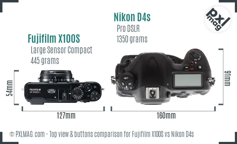Fujifilm X100S vs Nikon D4s top view buttons comparison
