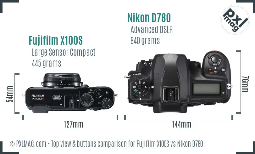 Fujifilm X100S vs Nikon D780 top view buttons comparison Fujifilm X100S vs Nikon D780 top view buttons comparison