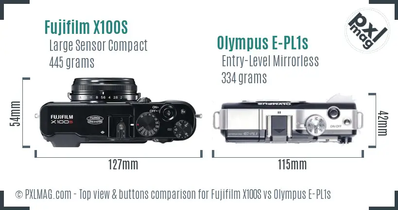 Fujifilm X100S vs Olympus E-PL1s top view buttons comparison