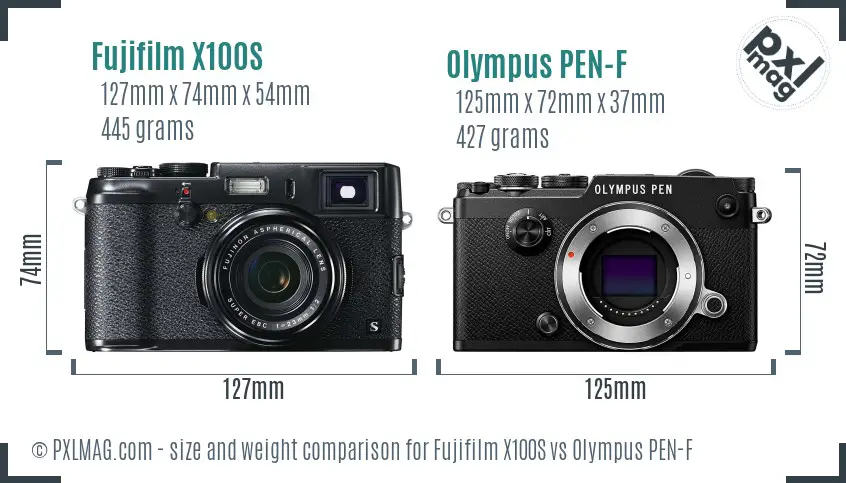 Fujifilm X100S vs Olympus PEN-F size comparison