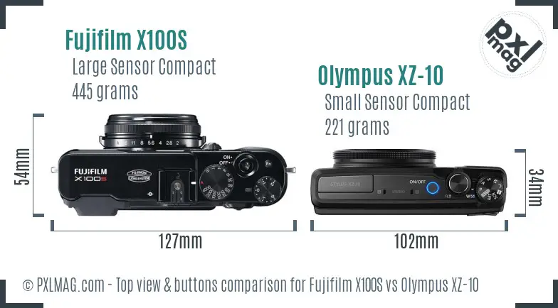 Fujifilm X100S vs Olympus XZ-10 top view buttons comparison