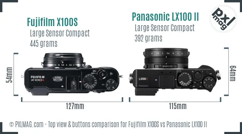 Fujifilm X100S vs Panasonic LX100 II top view buttons comparison